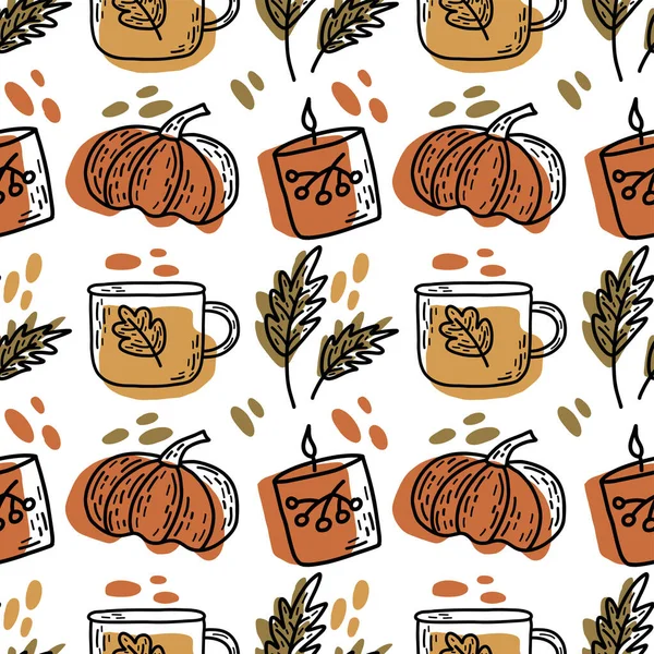 Naadloos Herfstpatroon Kopje Thee Koffie Kaarsen Bladeren Pompoen Doodle Kleurrijke — Stockvector