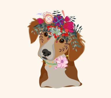 kafasına güzel çiçekler ile köpek