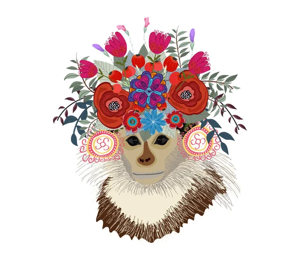 Singe avec couronne de tête florale — Image vectorielle