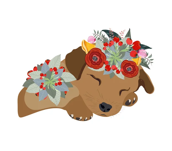 dog with beautiful flowers on the head