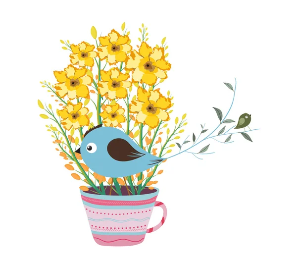 Çiçek vazo ve kuş — Stok Vektör