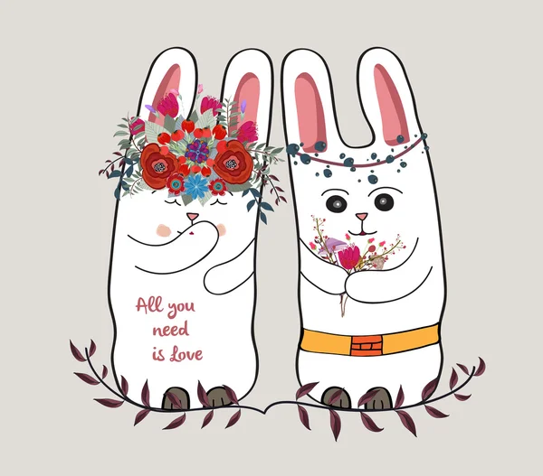 Cartão bonito com adoráveis coelhos — Vetor de Stock