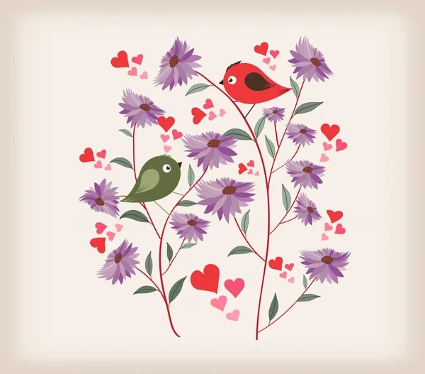 Dos pájaros y una flor — Vector de stock