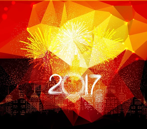 Happy new year fireworks 2017 city night background design — Stock Vector