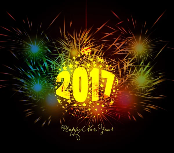Cartão de ano novo feliz com fogos de artifício coloridos — Vetor de Stock
