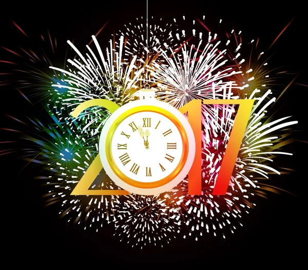 Cartão de ano novo feliz com fogos de artifício coloridos — Vetor de Stock