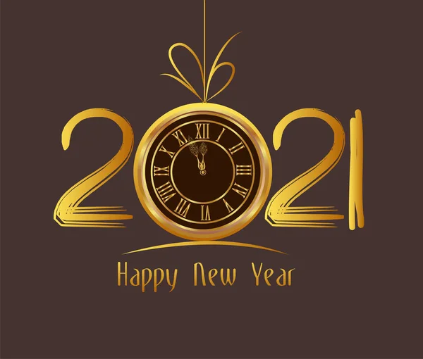 New Year Poster Greeting Text Golden Clock Instead Zero 2021 — Stock Vector