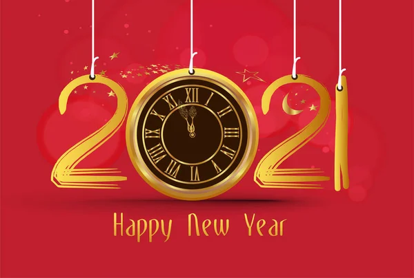 New Year Poster Greeting Text Golden Clock Instead Zero 2021 — Stock Vector