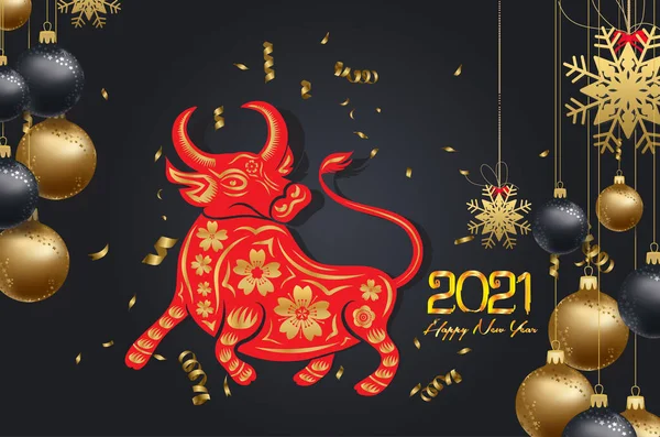 2021中国农历新年快乐 牛的黄道带卡通人物传统 牛的2021年新年 — 图库矢量图片