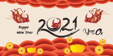 Çin Yeni Yıl tebrik kartı ve poster 2021 (Öküz Yılı) kağıt kesimi ve pankart tasarımı