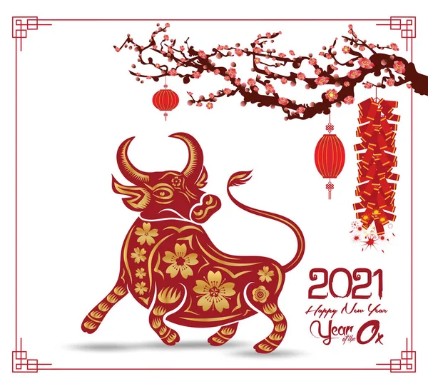 Tarjeta Felicitación Póster Año Nuevo Chino 2021 Año Del Buey — Archivo Imágenes Vectoriales
