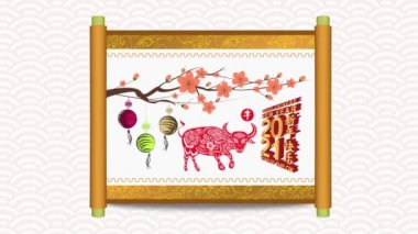 Çin Yeni Yılı 2021 Öküz çiçeği ve fenerle. Geleneksel Çin el yazısı (Çince çeviri: Mutlu Çin Yeni Yılı, Öküz Yılı) 
