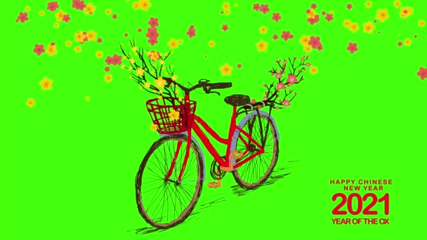 2021年中国新年 手绘淡淡的自行车 后面的篮子里有樱花花 岁次己丑 中文翻译 新年快乐 — 图库视频影像