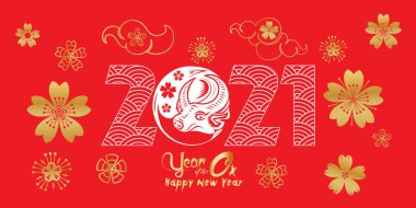 Mutlu Çin Yeni Yılı 2021 Öküz Zodyak yılı, şirin inek çizgi film takvimi çizimi