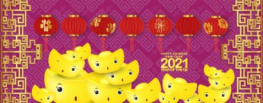 Mutlu Çin Yeni Yılı 2021 Çinlilerin altın külçeleri ve fenerleri ile geçmiş
