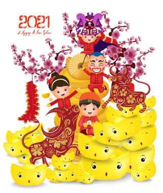 Mutlu Çin Yeni Yılı 2021 Öküz Zodyak yılı, Karikatür takvim çizimi