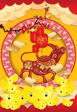 Çin yılbaşı poster tasarımı Öküz Çinlisi, Mutlu Çin Yeni Yılı 2021, Fenerler ve altın külçeler