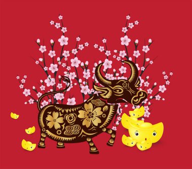 Doğulu Mutlu Çin Yeni Yılı 2021 Çiçek ve altın külçe tasarımlı. Öküz Yılı, davetiye, poster, broşür, takvim, el ilanı, afiş