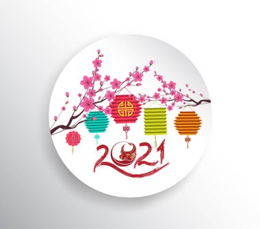 Mutlu Çin Yeni Yılı 2021 kiraz çiçekleri ve fener tasarımı ile. Öküz Yılı, davetiye, poster, broşür, takvim, el ilanı, afiş