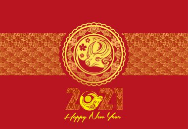 Mutlu Çin Yeni Yılı 2021 Ox Zodiac tabelası, altın kaplama resim ve zanaat stili ile tebrik kartı, el ilanı, poster
