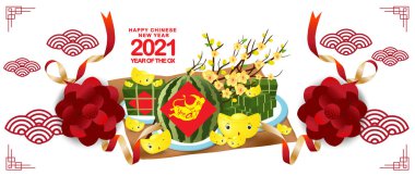 2021 Çin yeni yılı öküz, kırmızı ve altın kağıt kesim öküz karakteri, çiçek ve arka planda zanaat stili ile Asyalı unsurlar