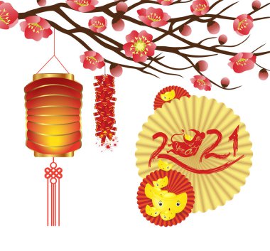 Öküz, fener, altın külçeler, öküz karakteri, çiçek ve arka planda zanaat stili olan Asyalı elementlerin Çin 'de yeni yılı 2021.