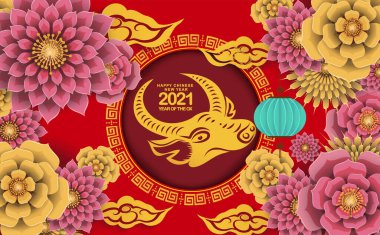 2021 Çin yeni yılı öküz, kırmızı ve altın kağıt kesim öküz karakteri, çiçek ve arka planda zanaat stili ile Asyalı unsurlar