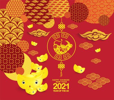 2021 Çin Yeni Yıl tebrik kartı. Öküz yılı. Altın külçeler ve kırmızı süs. Düz biçim tasarımı