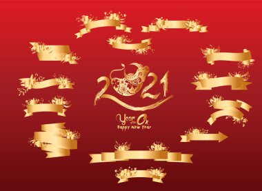 Öküzün 2021 yılının kutlu olsun. Altın zodyak işareti, çiçek ve altın çiçek etiketleri tebrik kartı, davetiye, posterler, broşür, takvim, el ilanları, afişler