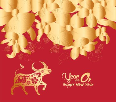 Öküzün 2021 yılının kutlu olsun. Altın burç, çiçek ve altın çiçek tebrik kartı, davetiye, poster, broşür, takvim, el ilanı, afiş