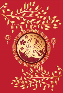 Öküzün 2021 yılının kutlu olsun. Altın zodyak işareti, tebrik kartı, davetiye, poster, broşür, takvim, el ilanı, afiş için altın ağaç arka planı.