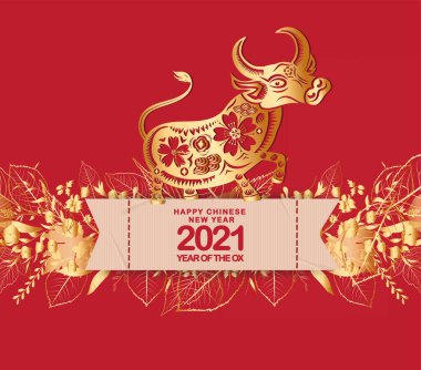 Öküzün 2021 yılının kutlu olsun. Altın burç, altın çiçekler tebrik kartı, davetiye, poster, broşür, takvim, el ilanı, afiş