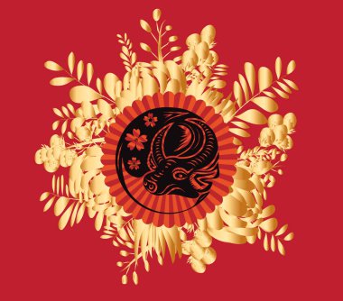 Öküzün 2021 yılının kutlu olsun. Altın zodyak işareti, altın çiçek çerçevesi ve tebrik kartı, davetiye, posterler, broşür, takvim, el ilanları, afişler için Asya unsurları.