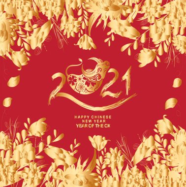 Öküzün 2021 yılının kutlu olsun. Altın zodyak işareti, altın çiçek çerçevesi ve tebrik kartı, davetiye, posterler, broşür, takvim, el ilanları, afişler için Asya unsurları.