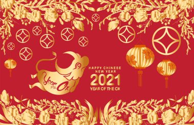Mutlu Çin Yeni Yılı öküzü 2021 burcu. Kırmızı arka planda, kutlama kartı, davetiye, poster, broşür, takvim, el ilanı, afiş için lüks altın çiçekleri ve fenerler.