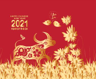 2021 Çin Yeni Yıl vektör ilüstrasyonunda çiçekler, kuşlar, Çin tipografisi Mutlu Yıllar, öküz. Kırmızıya altın. Konsept tatil kartı, afiş, poster, dekor ögesi