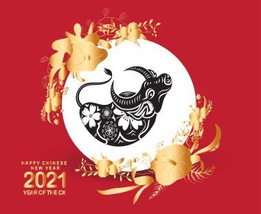 2021 Çin Yeni Yıl vektör çizimi karalama öküz silueti, çiçekler, Çin tipografisi Mutlu Yıllar, öküz. Kırmızıya altın. Konsept tatil kartı, afiş, poster, dekor ögesi