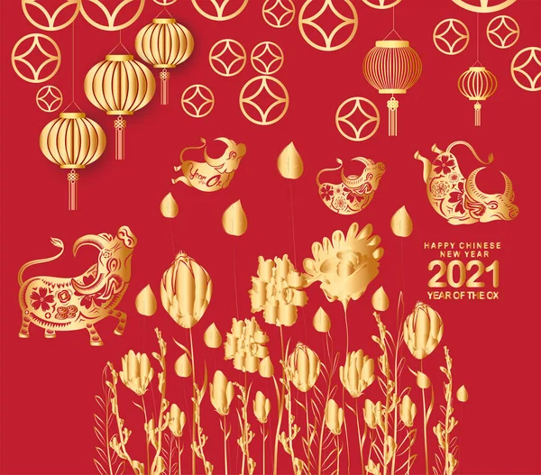 Mutlu Çin Yeni Yılı Öküzü 2021 Burcu Kırmızı Arka Planda — Stok Vektör