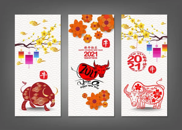 Vertical Hand Drawn Banners Set Chinese New Year 2021 Китайський — стоковий вектор