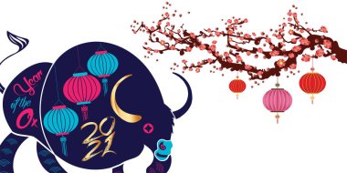 Çin Yeni Yıl 2021 afişi. Öküz yılı. 2021 Çin burcu sembolü. Vektör Tasarımı