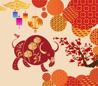 Çin Yeni Yıl 2021 kartı. Öküz yılı. 2021 Çin burcu sembolü. Vektör Tasarımı