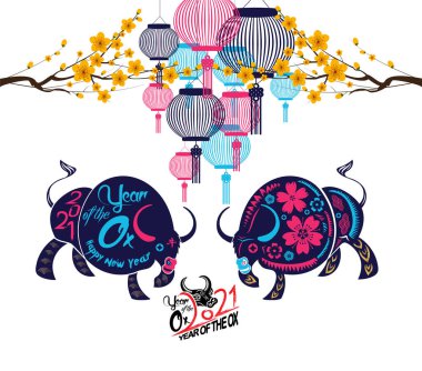 Öküz, fener, çiçek ve arka planda zanaat stili olan Asya unsurlarının 2021 yılının Çince çevirisi Mutlu Çin Yeni Yılı, Öküz Yılı)