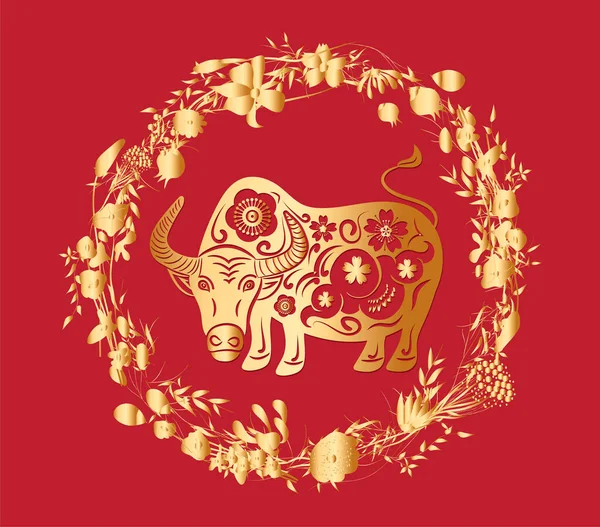 Çin Mutlu Yıllar 2021 Boğa Yılı Altın Kırmızı Tebrik Kartı — Stok Vektör