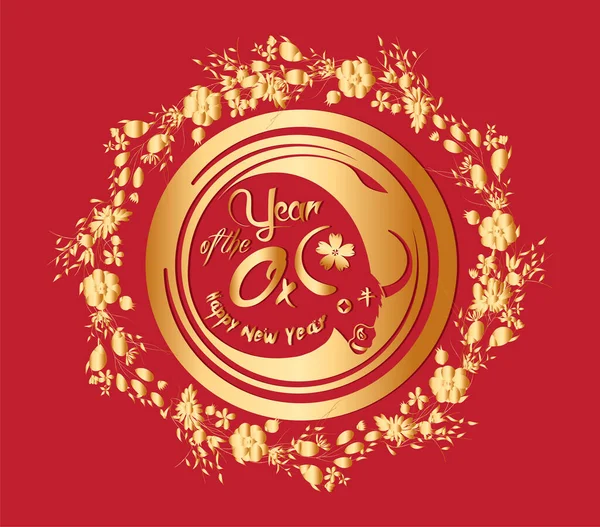 Čínský Šťastný Nový Rok2021 Rok Býka Zlatý Červený Pozdrav Plakát — Stockový vektor