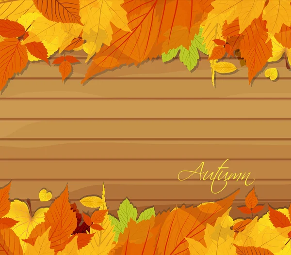 Autumn leaves background on wood — Stock Vector