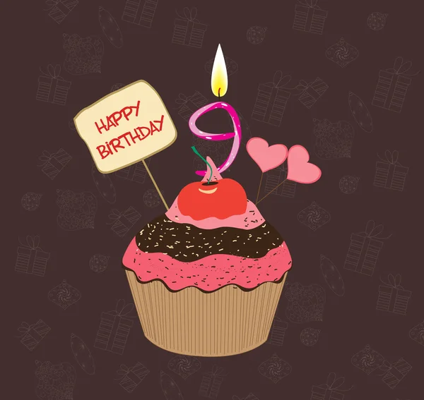 Cupcake di compleanno con candela accesa a forma di numero nove — Vettoriale Stock