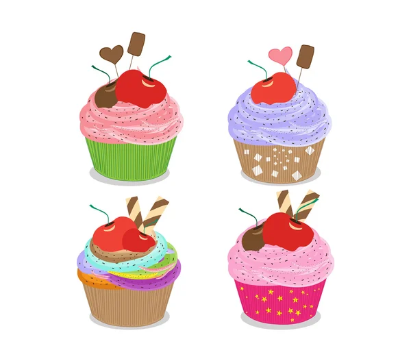 Conjunto de deliciosos cupcakes isolados no fundo branco — Vetor de Stock