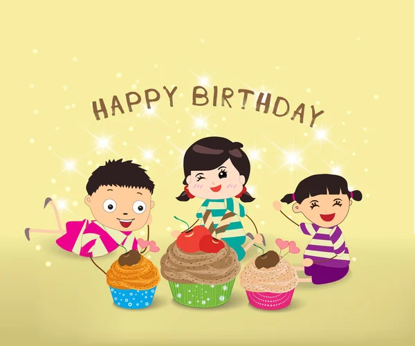 Χαρούμενα γενέθλια κάρτα με τα παιδιά και cupcakes — Διανυσματικό Αρχείο