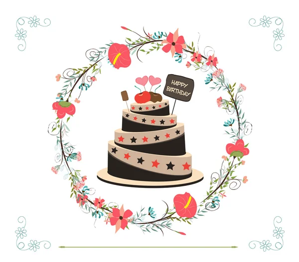 С днем рождения кекс и цветы — стоковый вектор