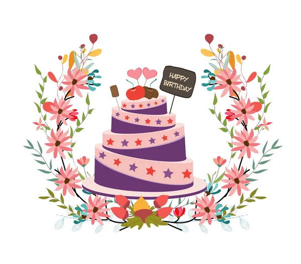 Happy birthday cupcake and florals — Stock Vector